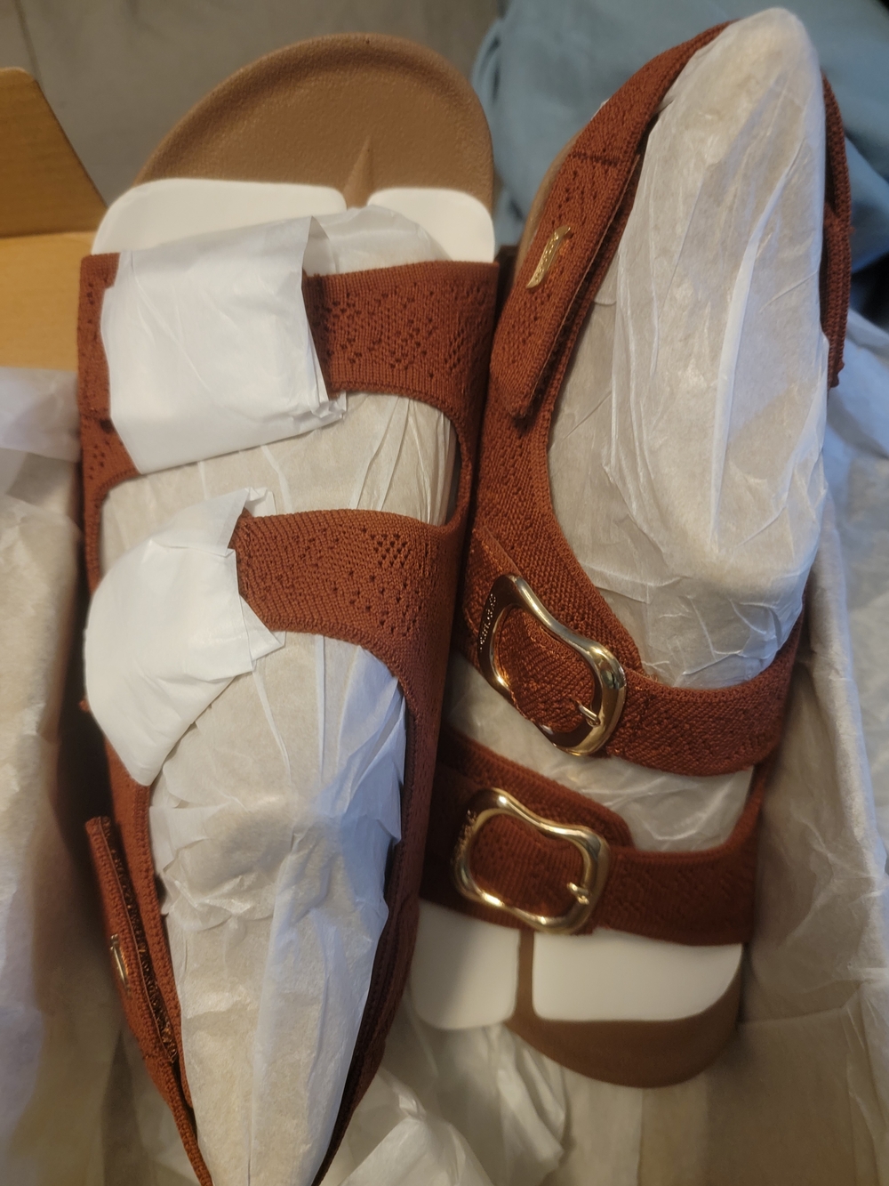Skechers Rust Knit Double-Buckle Slide Sandals with Gold Accents 11M